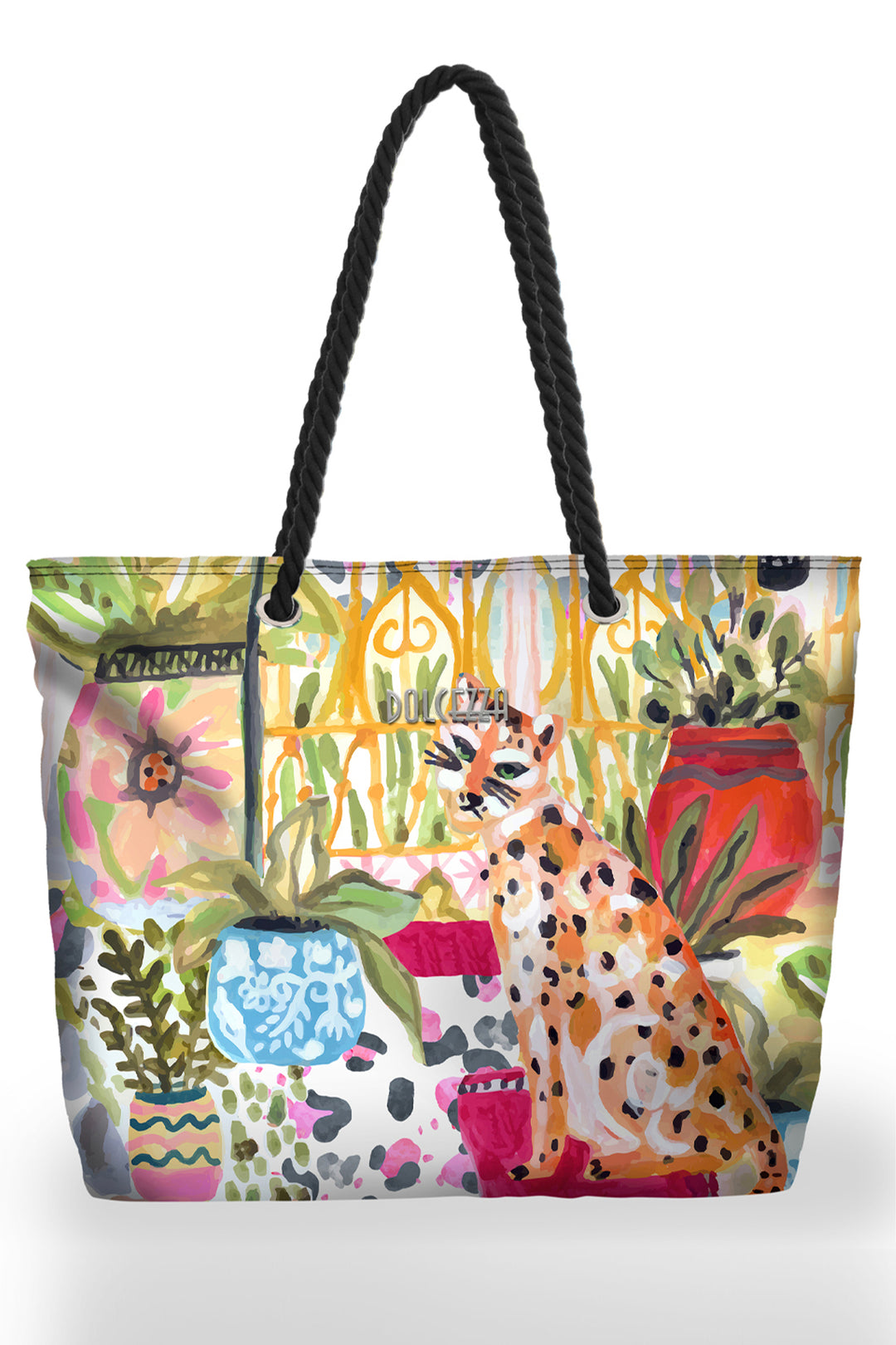 Colorful tote bag with a raccoon design on a white background