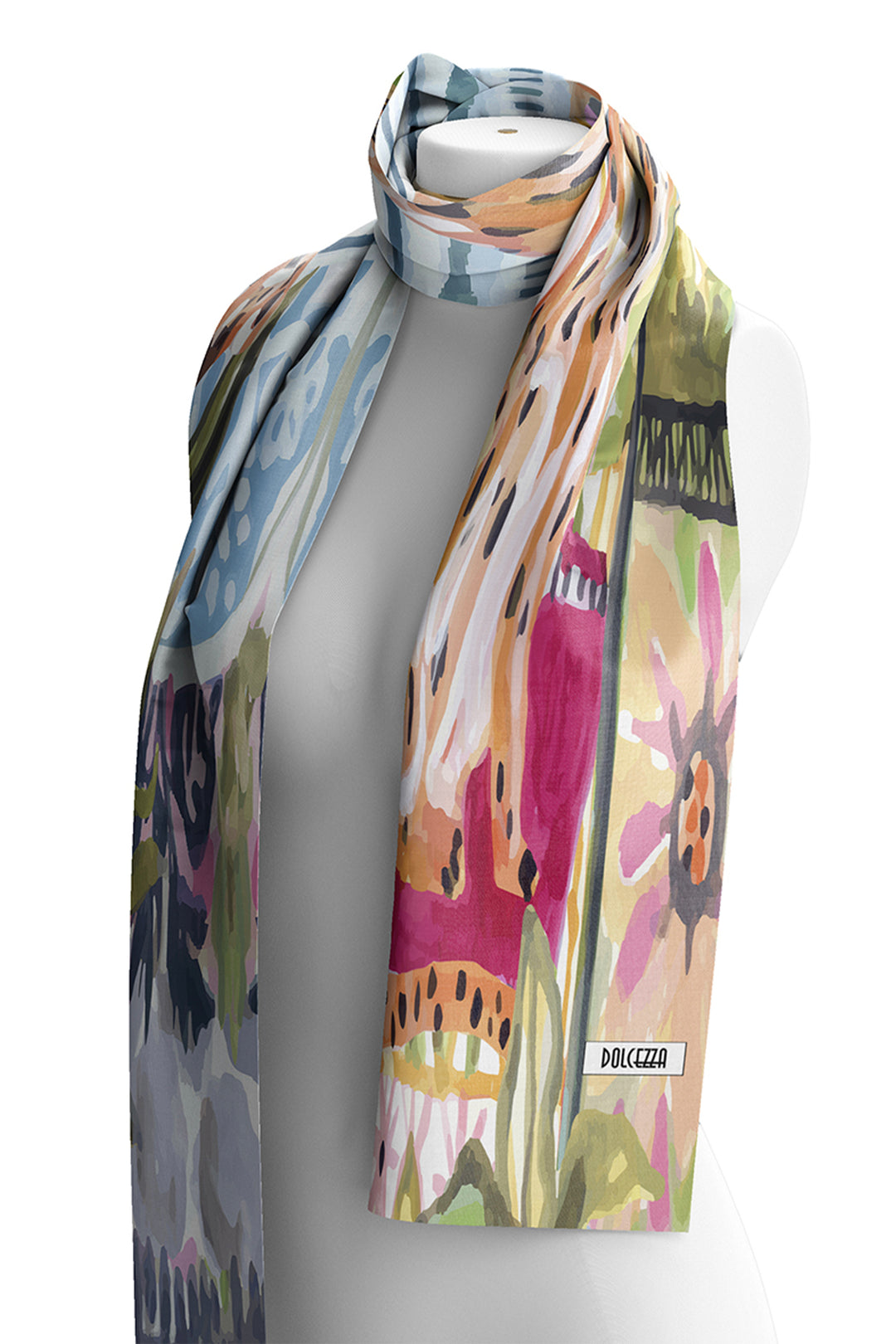 Colorful floral-patterned scarf on a mannequin with Dolce&Gabbana label.