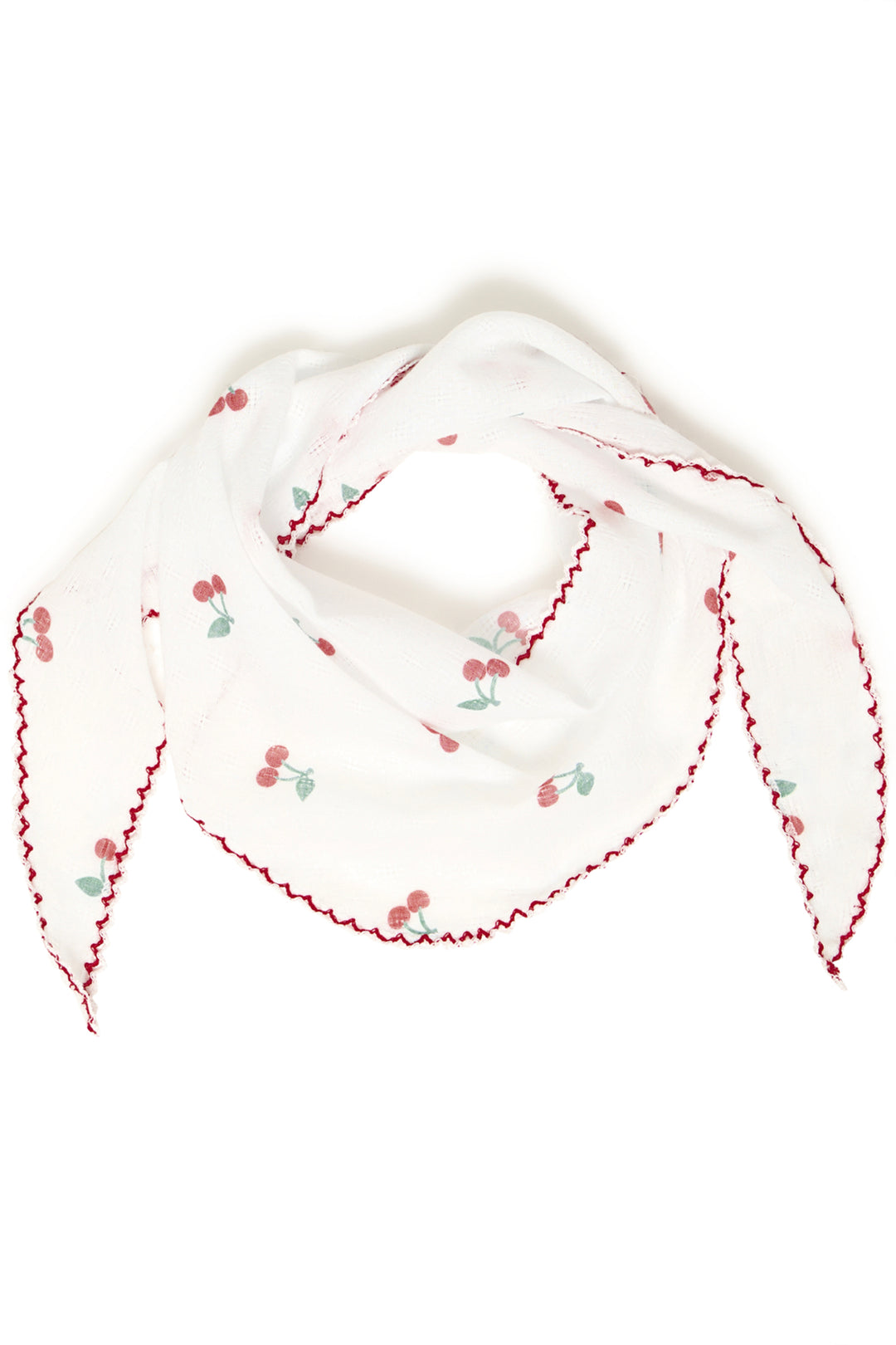 White headscarf with red floral embroidery on a white background