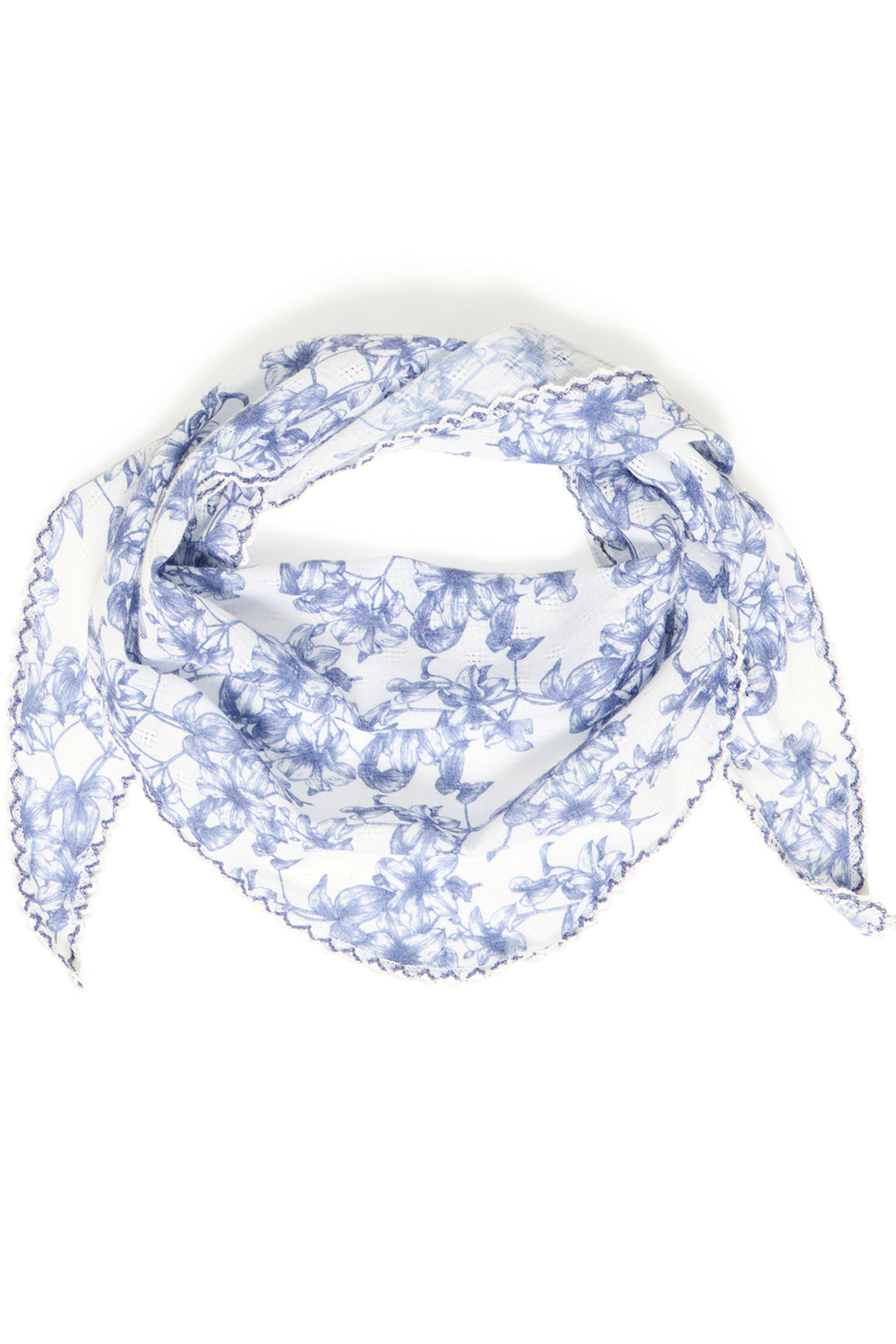 Blue floral patterned scarf on a white background