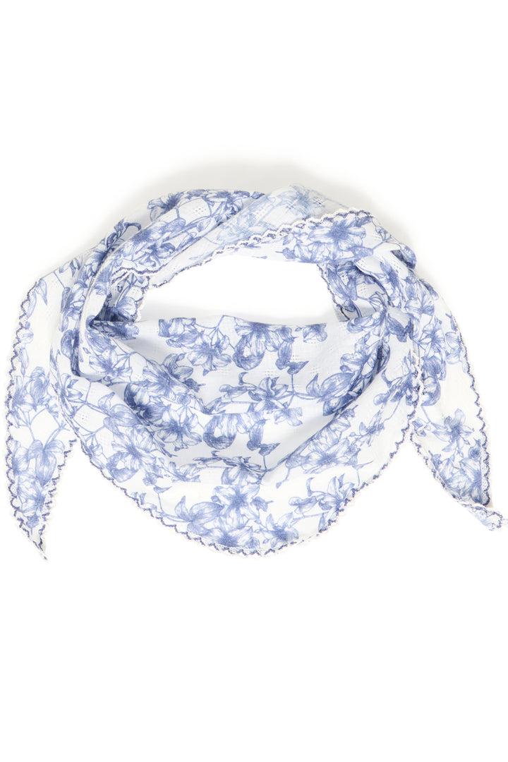 Blue floral patterned scarf on a white background