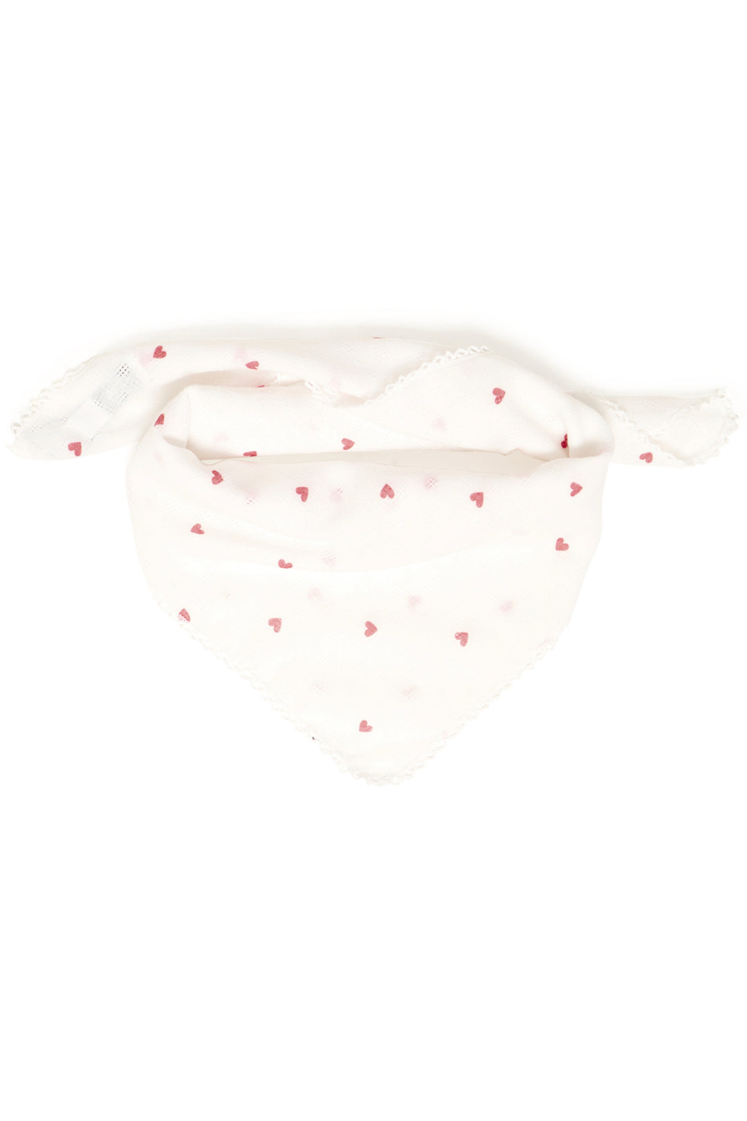 White scarf with small red heart patterns on a white background