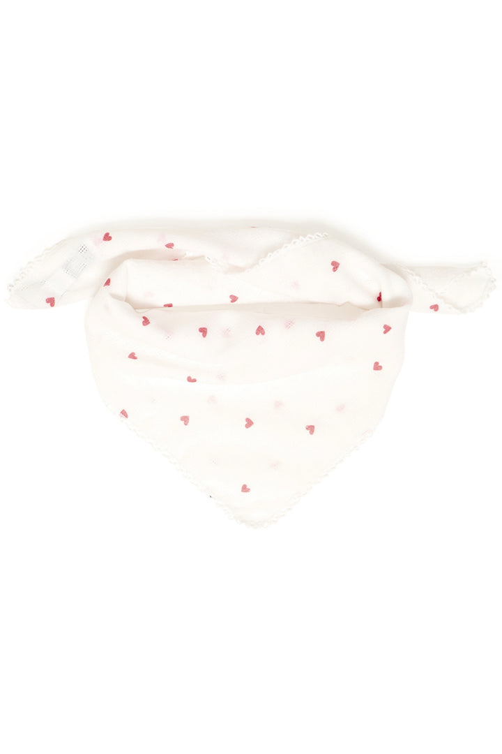 White scarf with small red heart patterns on a white background