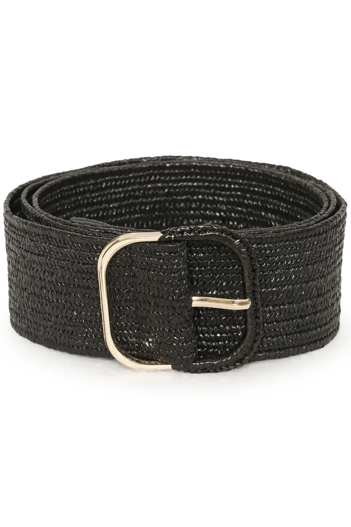 Black woven belt with a silver buckle on a white background