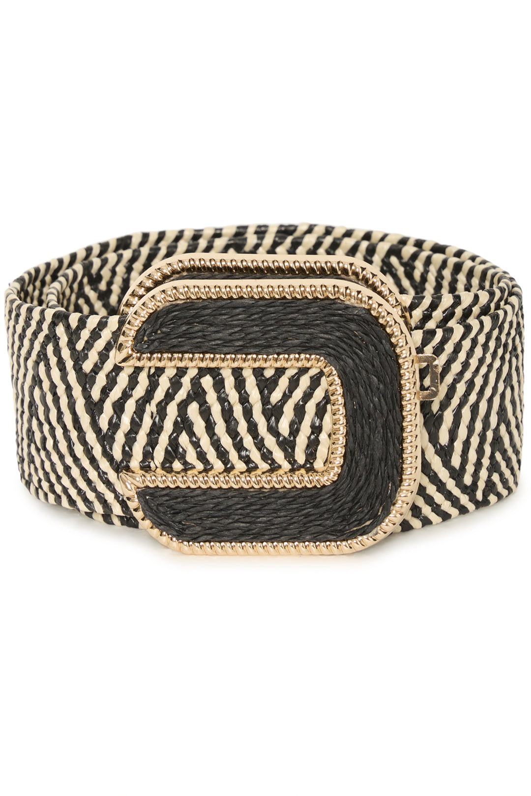 Wide belt with zebra pattern and gold buckle on a white background
