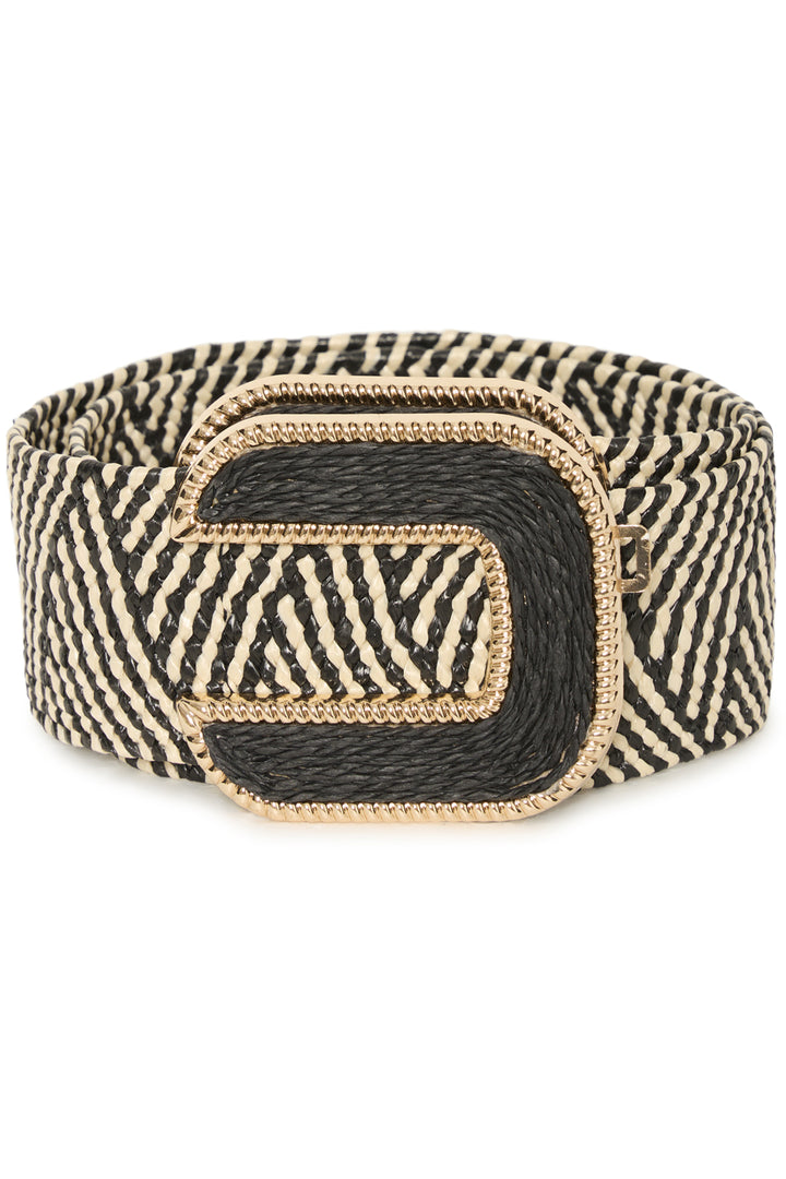 Wide belt with zebra pattern and gold buckle on a white background