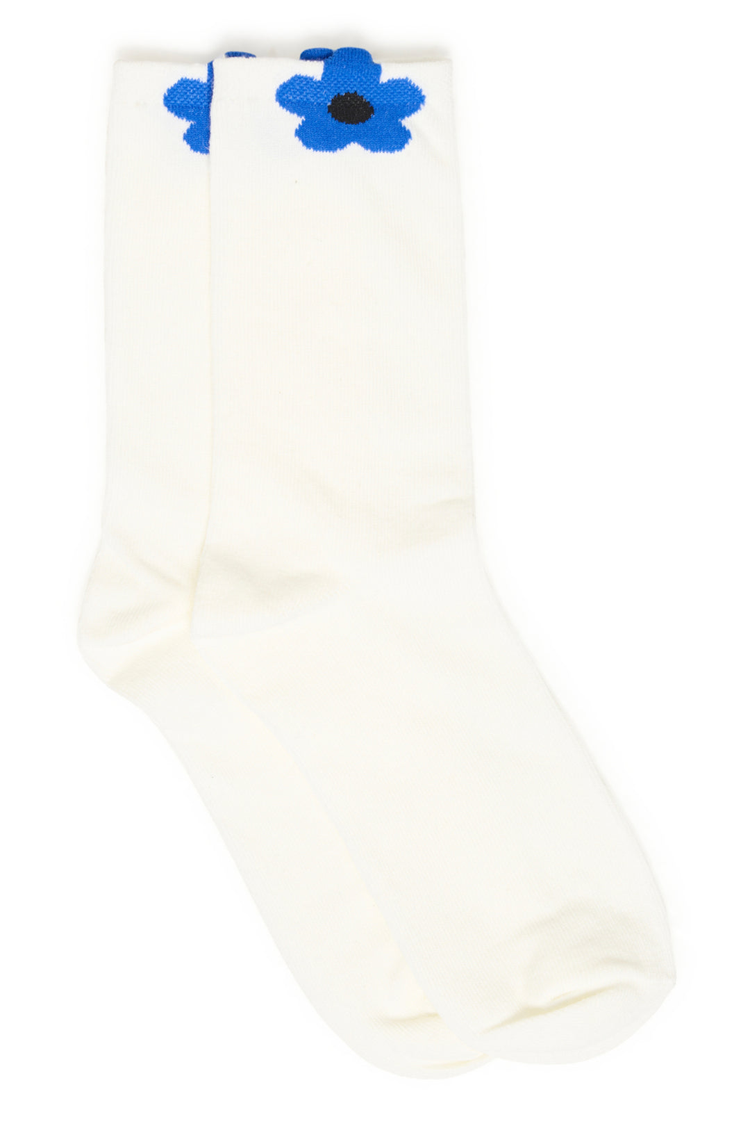 White sock with blue flower designs on a white background