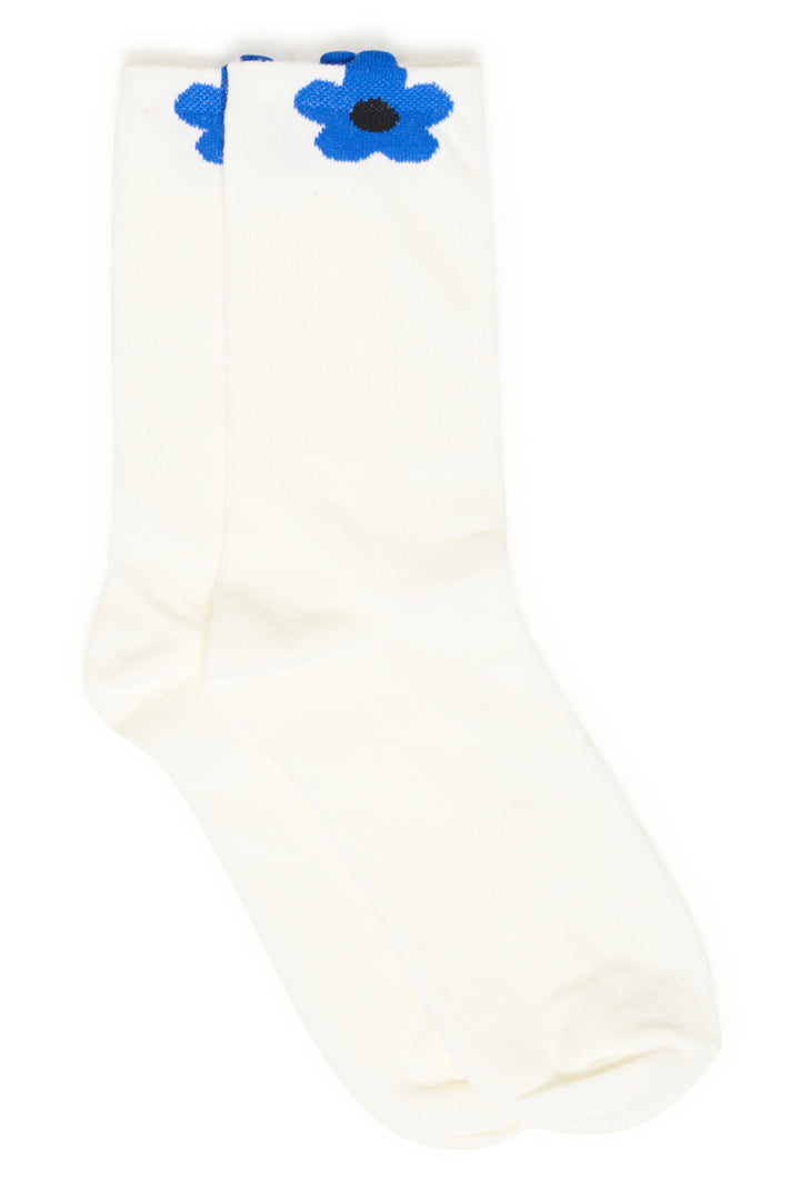 White sock with blue flower designs on a white background