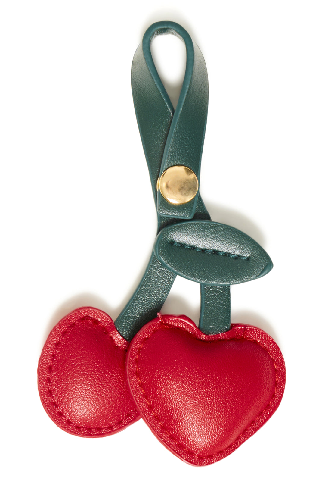 Red heart-shaped keychain with a green strap on a white background