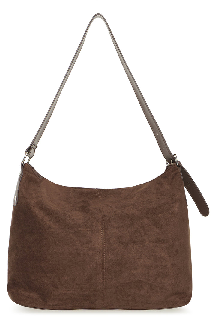 BROWN FAUX SUEDE SATCHEL