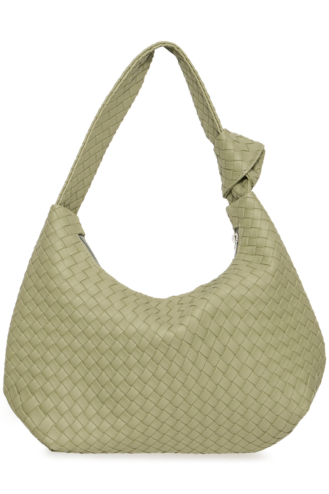 Green woven handbag on a white background