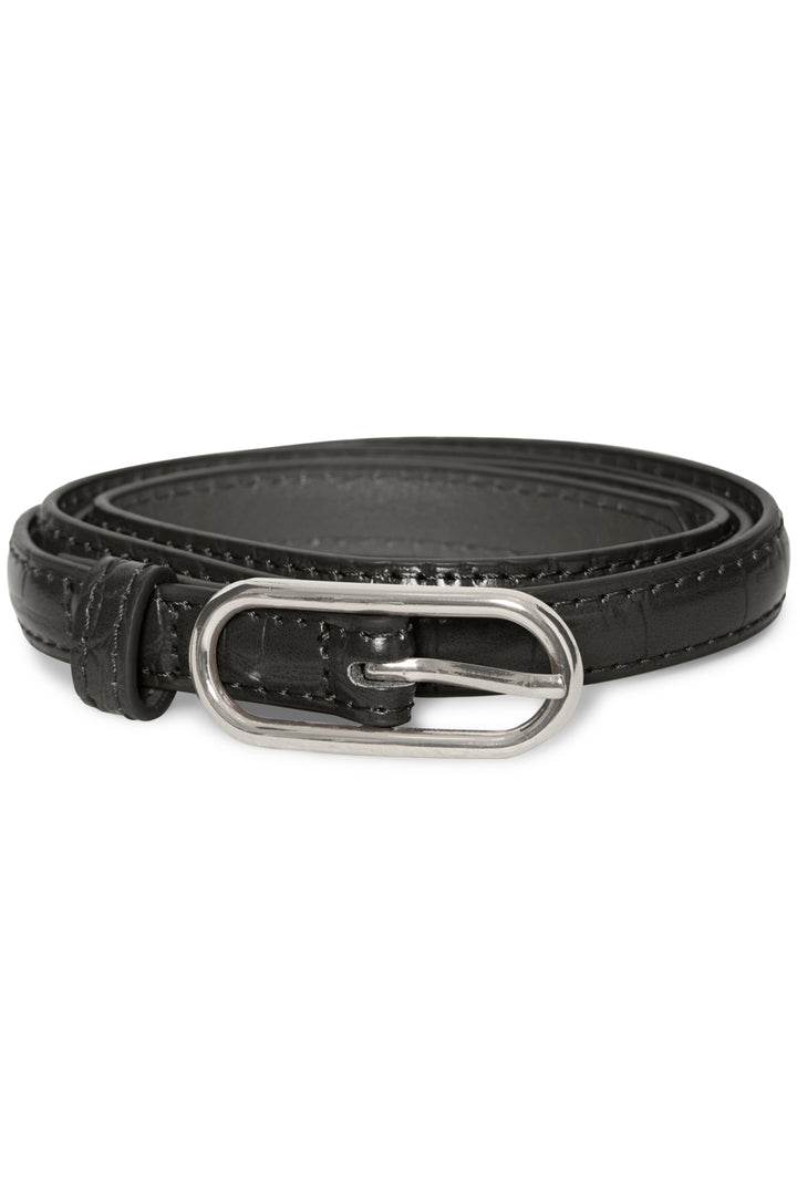 Black leather belt with silver buckle on a white background
