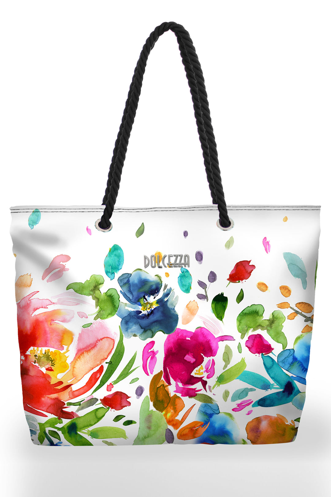 Colorful floral tote bag with black handle on a white background