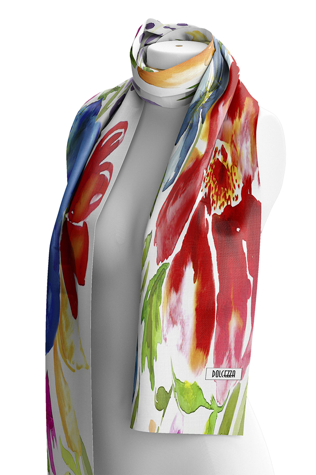 Colorful floral scarf with brand label on a white background