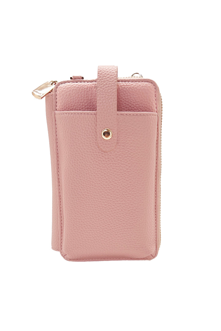 Pink phone pouch wallet with a strap on a white background