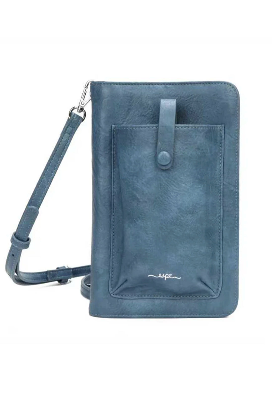 Blue leather crossbody bag with a strap on a white background