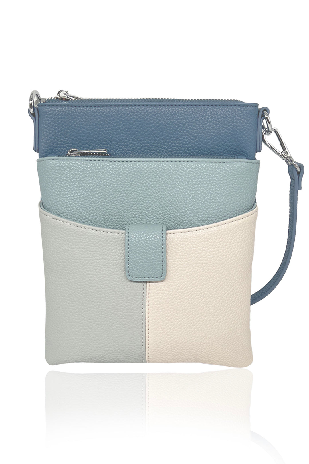 Multicolored crossbody bag with blue, gray, and beige sections on a white background