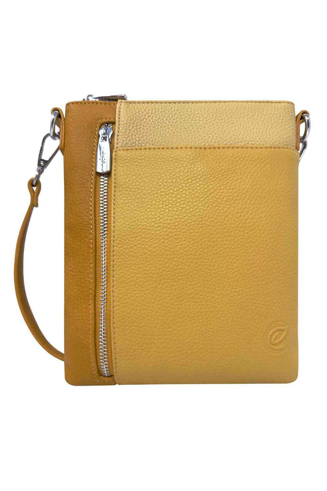Yellow crossbody zipper bag with a zipper on a white background