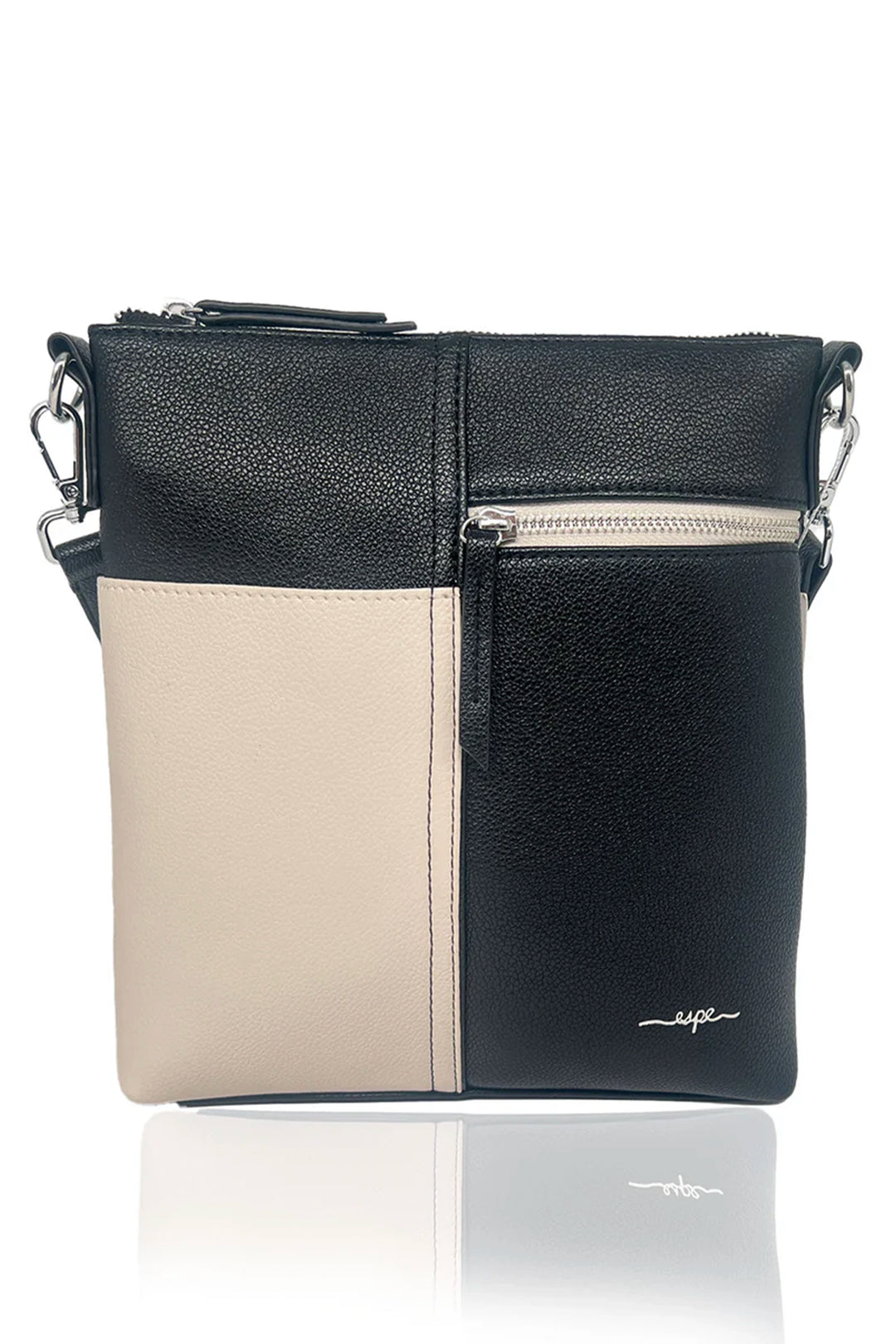 Black and beige crossbody zipper bag with a visible brand logo on a white background