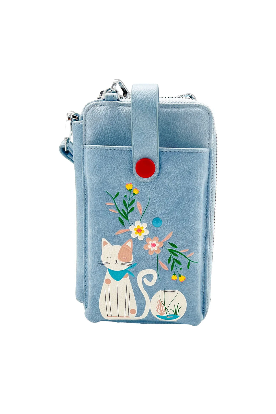 Blue smartphone pouch with cat and flower design on a white background
