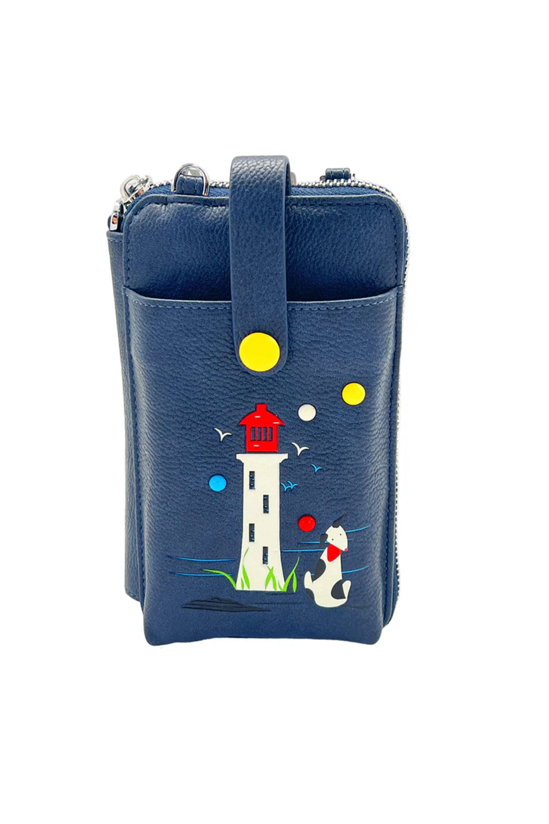 Blue smartphone pouch with a lighthouse design on a white background