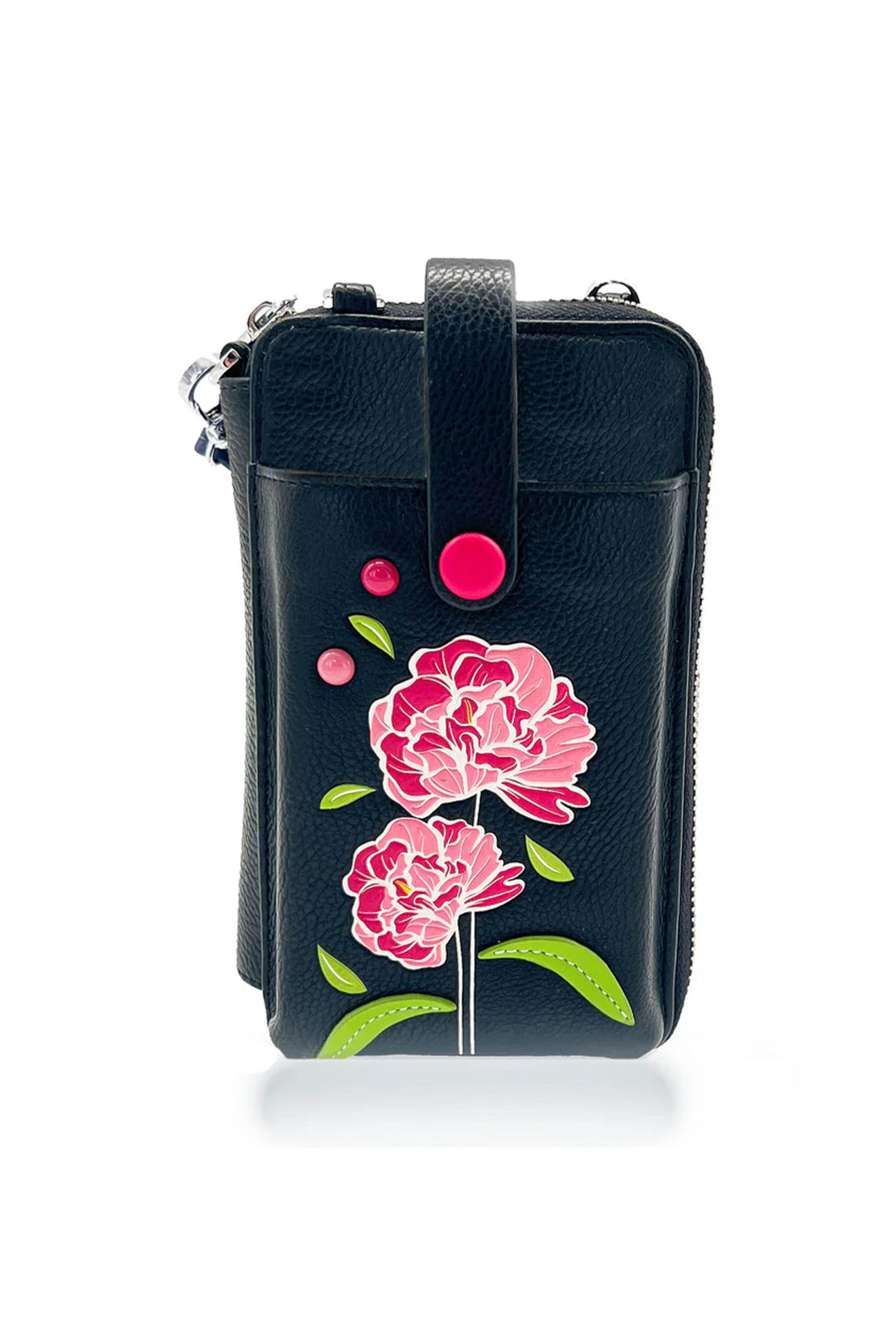 Black wallet handbag with pink floral design on a white background