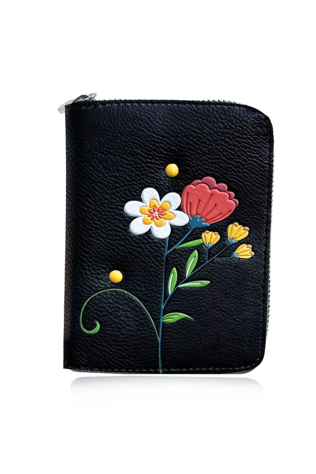Black zipper wallet with floral designs on a white background