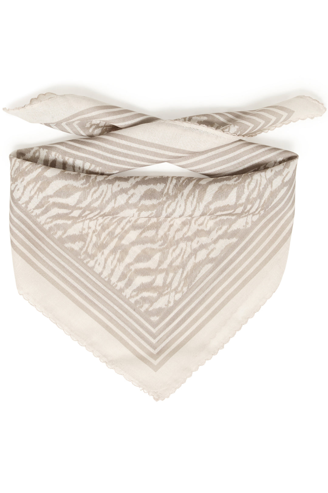 Neatly folded beige and white patterned fabric on a white background