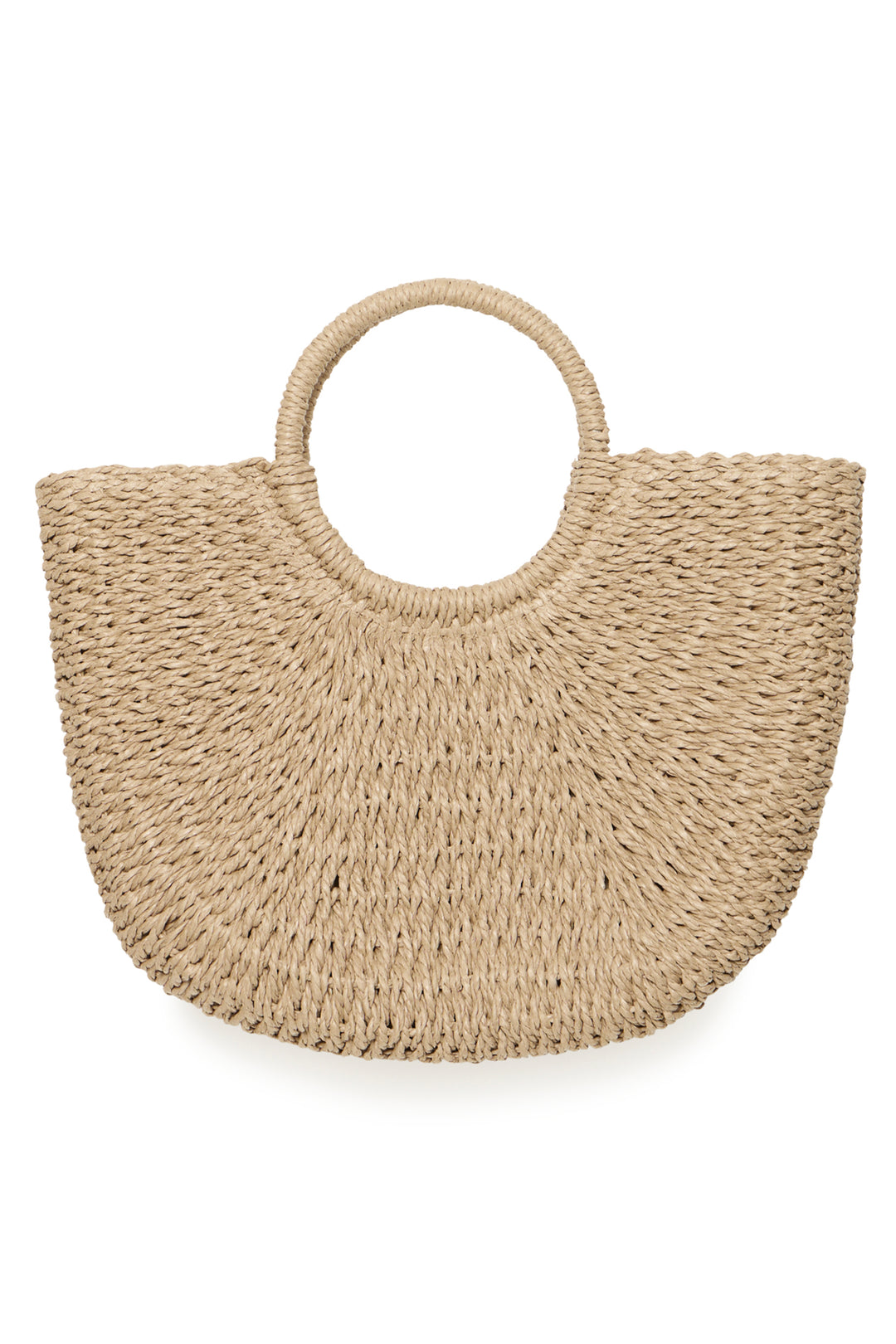 Beige woven handbag on a white background