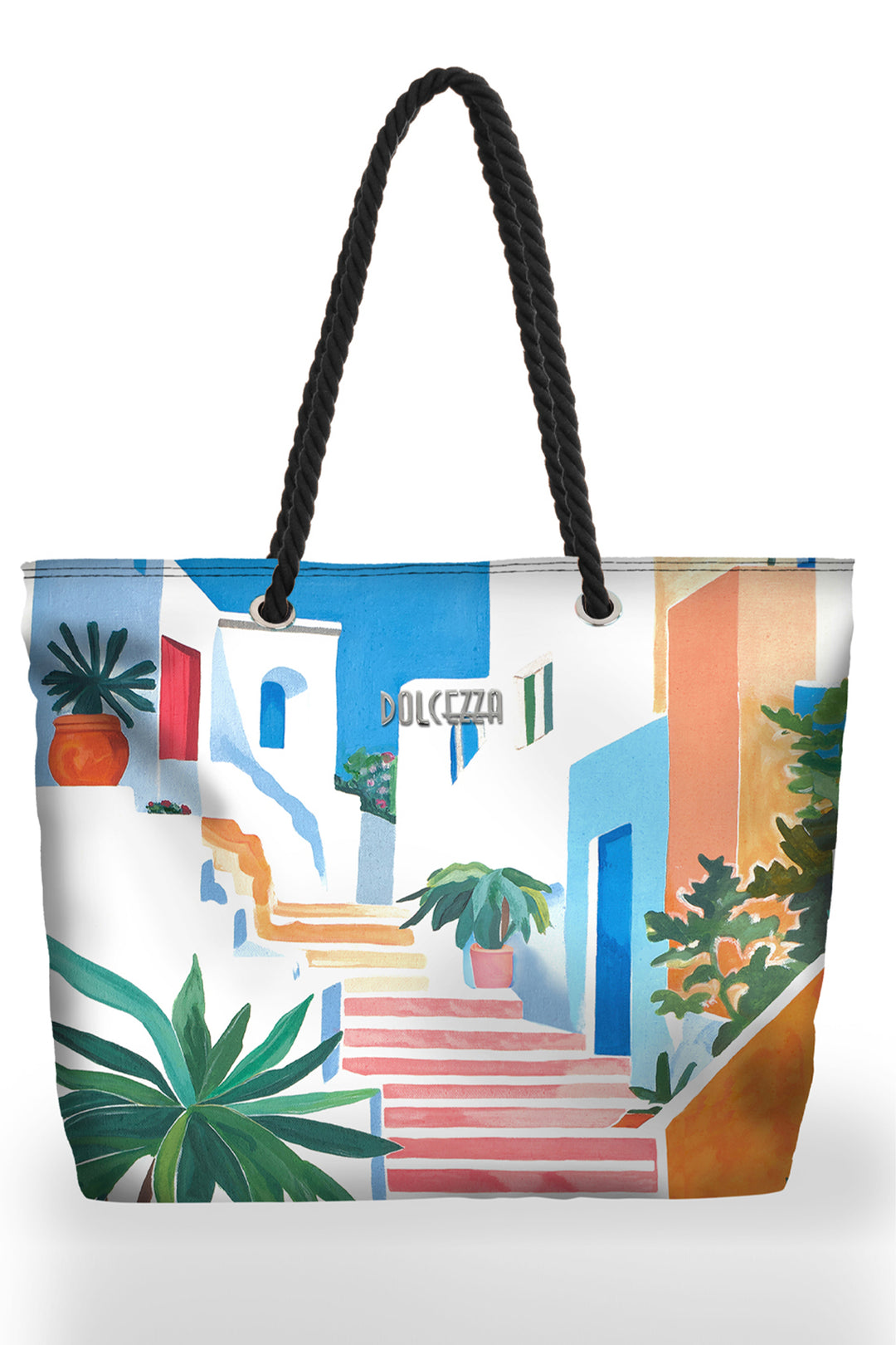 Tote bag with a colorful design of a street scene and Dolcezza branding on a white background.