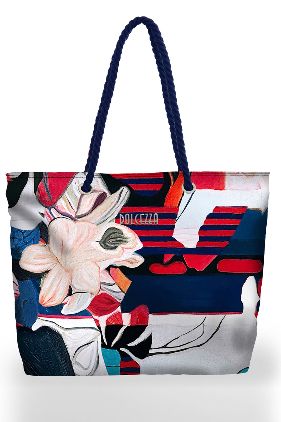 Tote bag with floral design and colorful abstract pattern on a white background