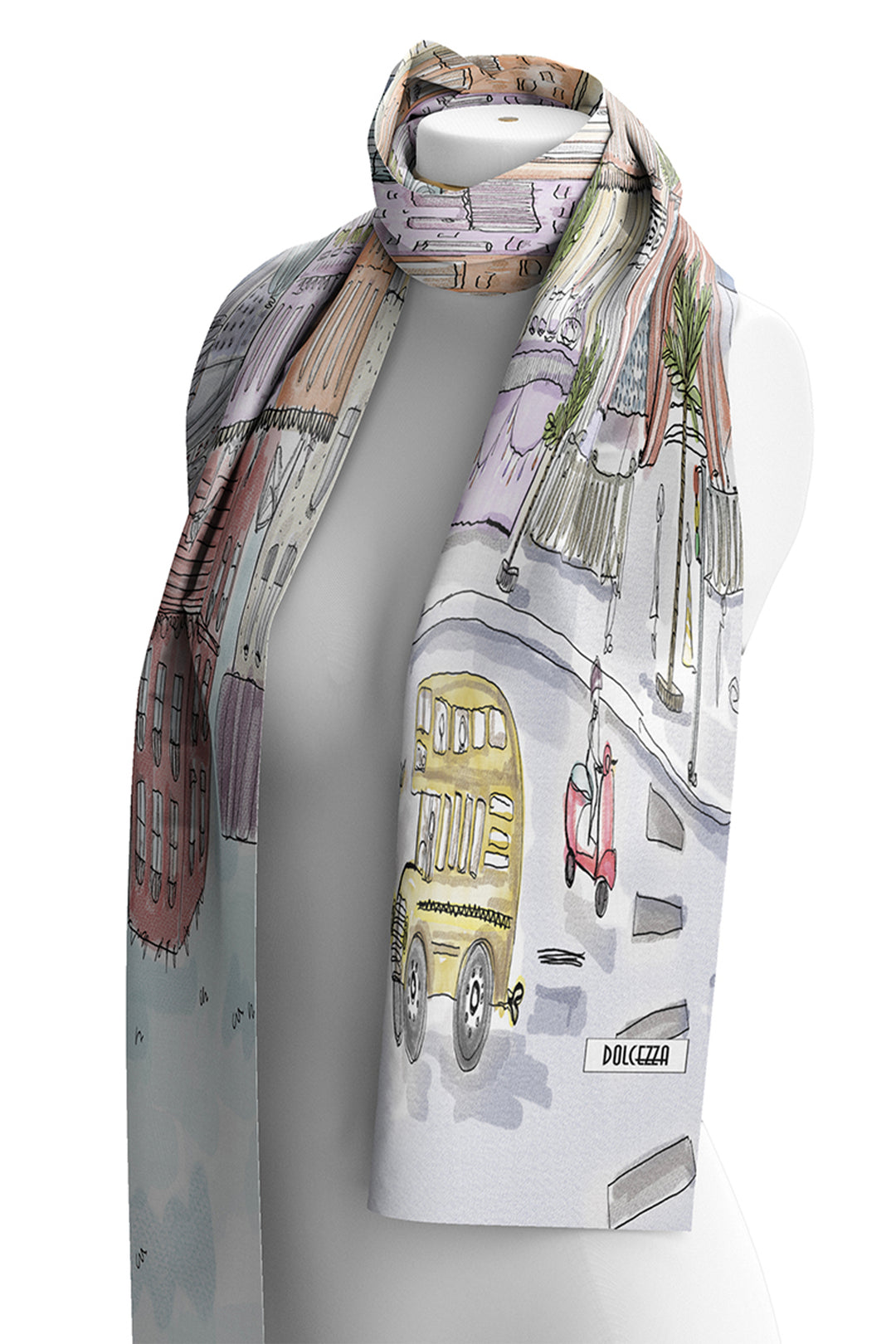 Scarf with city print and building design on a white background