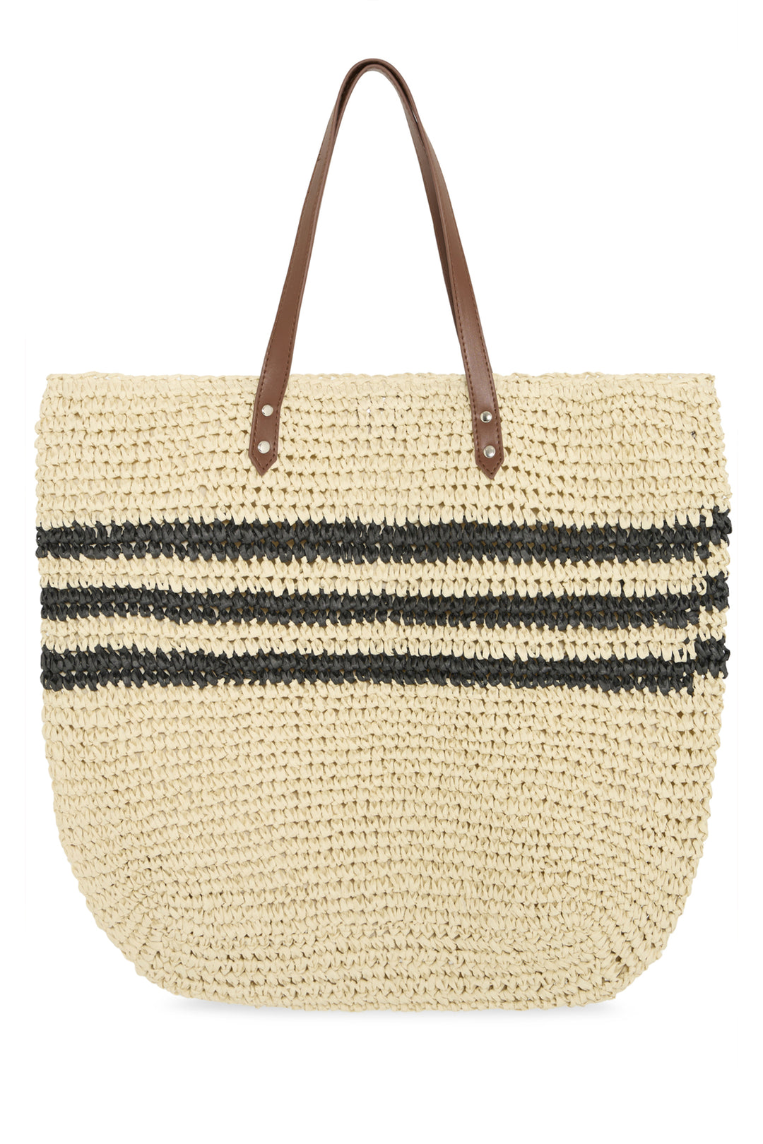 Woven straw tote bag with brown leather handles on a white background