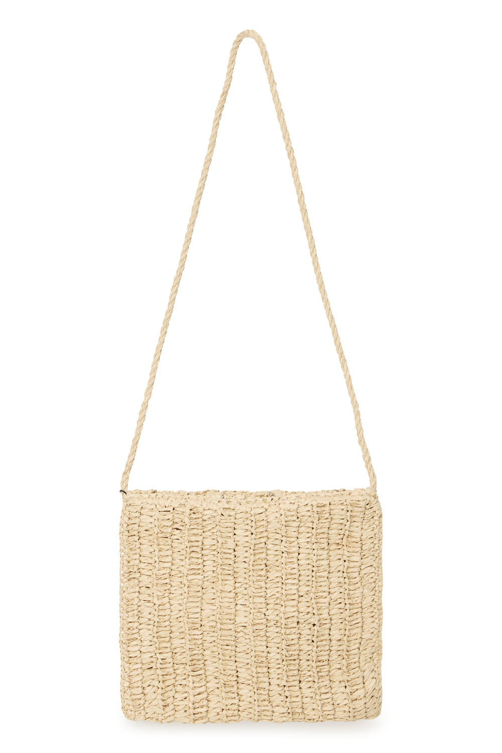 Woven handbag with a strap on a white background