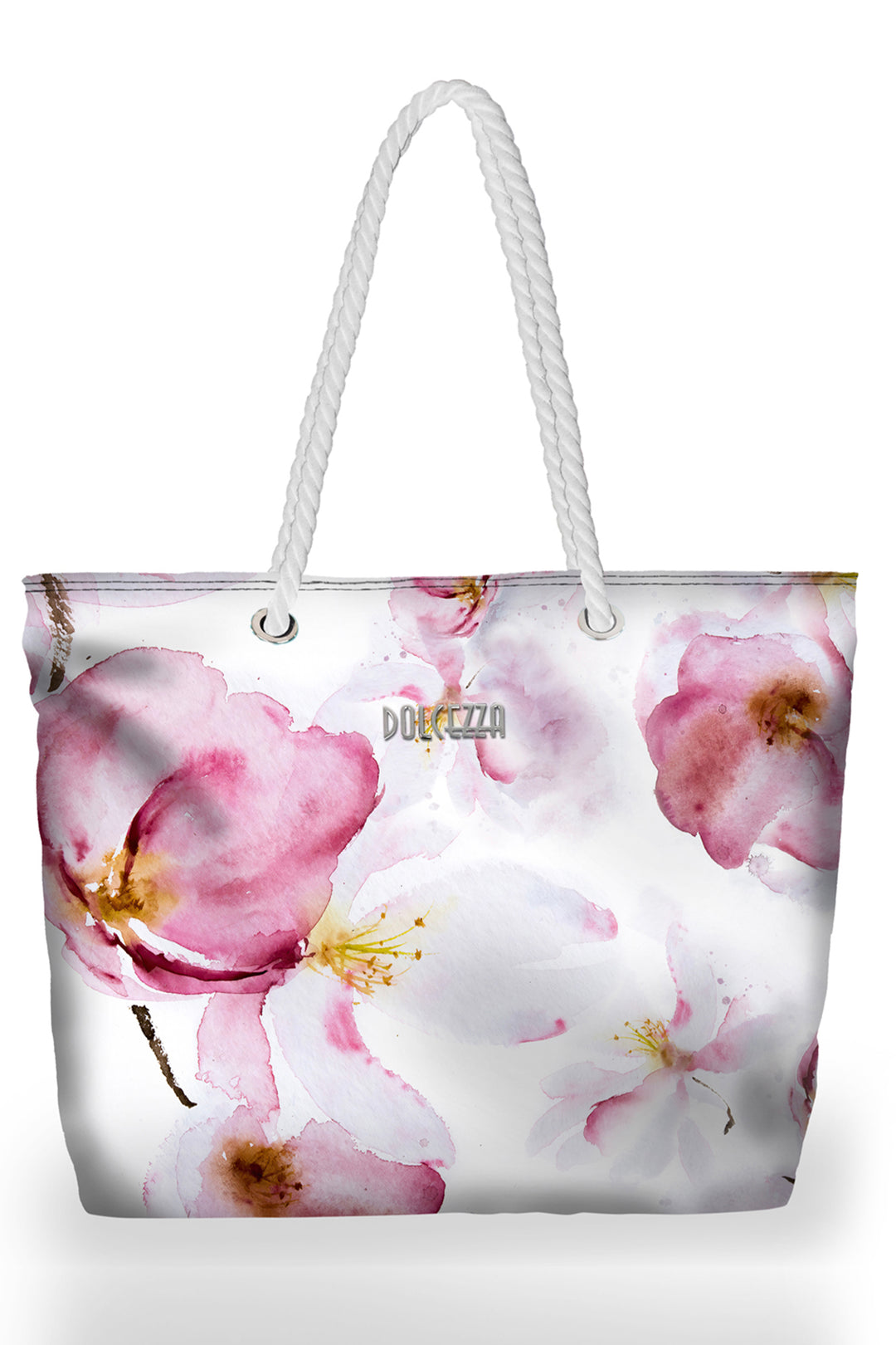 Tote bag with pink floral design and Dolcezza branding on a white background