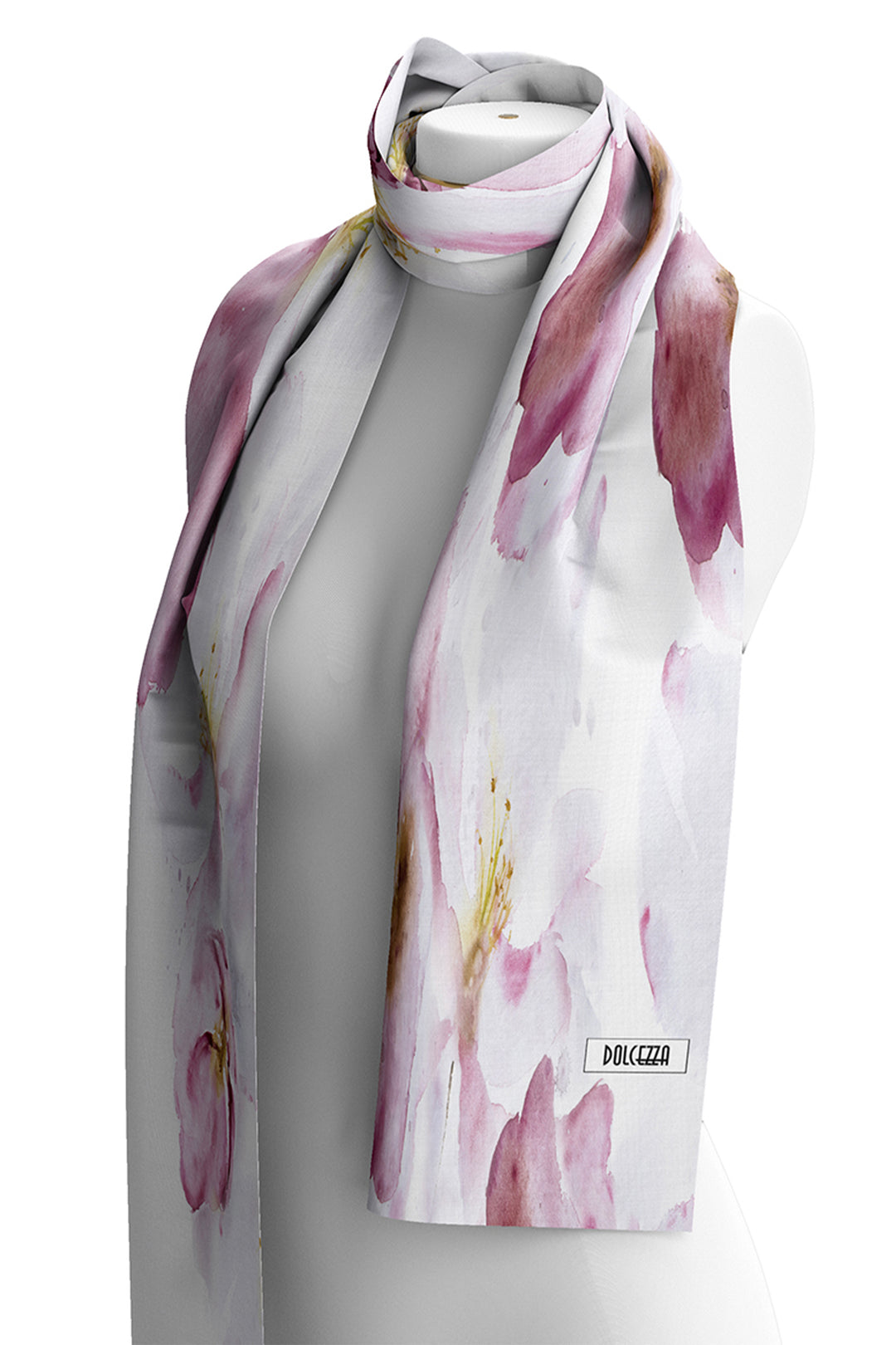 Floral patterned scarf on a mannequin with Dolce&amp;Gabbana label.