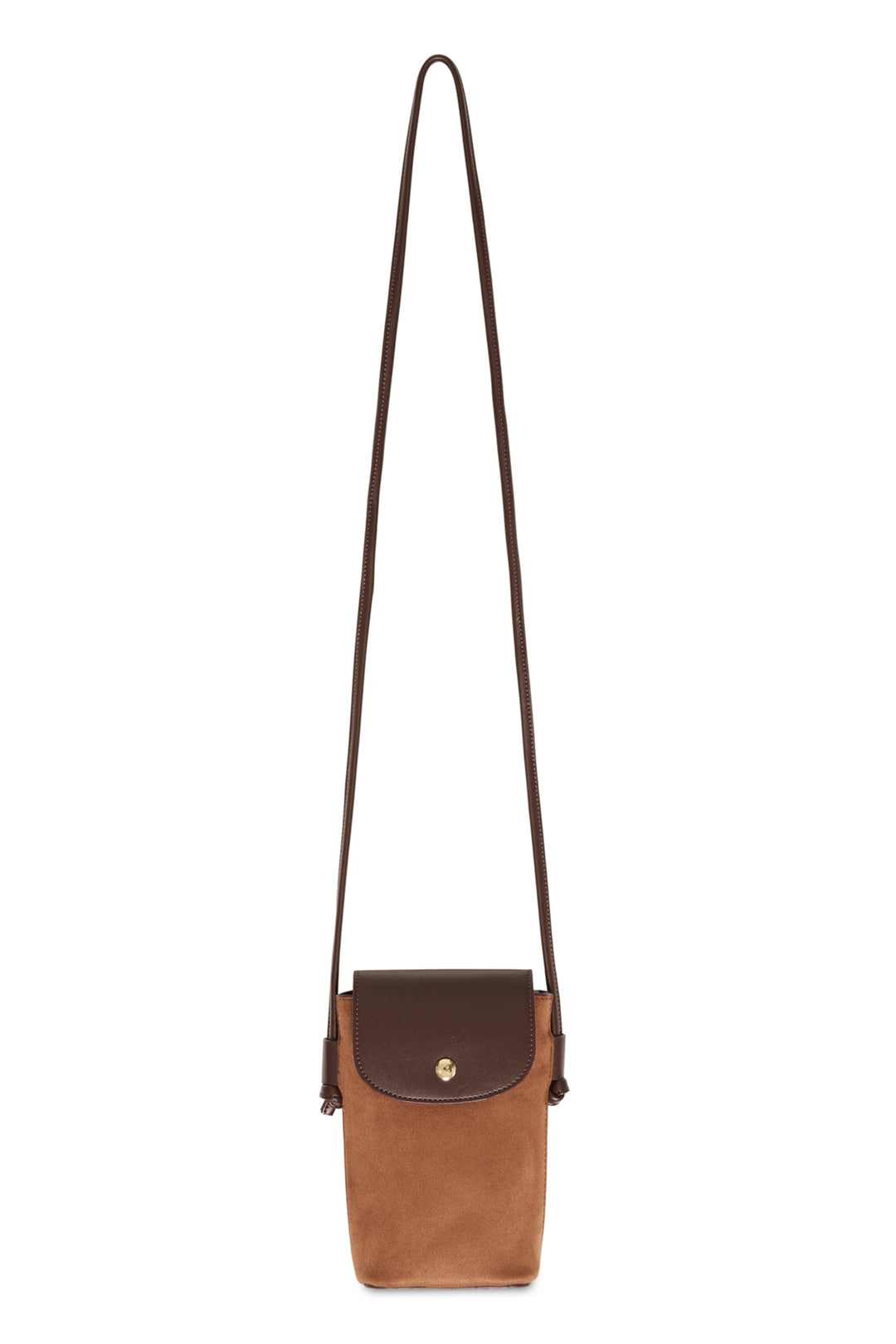 A brown and tan leather crossbody phone bag with a long dark brown strap and a small gold logo clasp, shown against a plain white background.