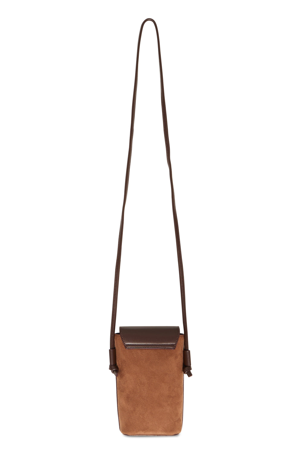 A brown suede crossbody bag with a dark brown leather flap and matching shoulder strap, shown against a plain white background.