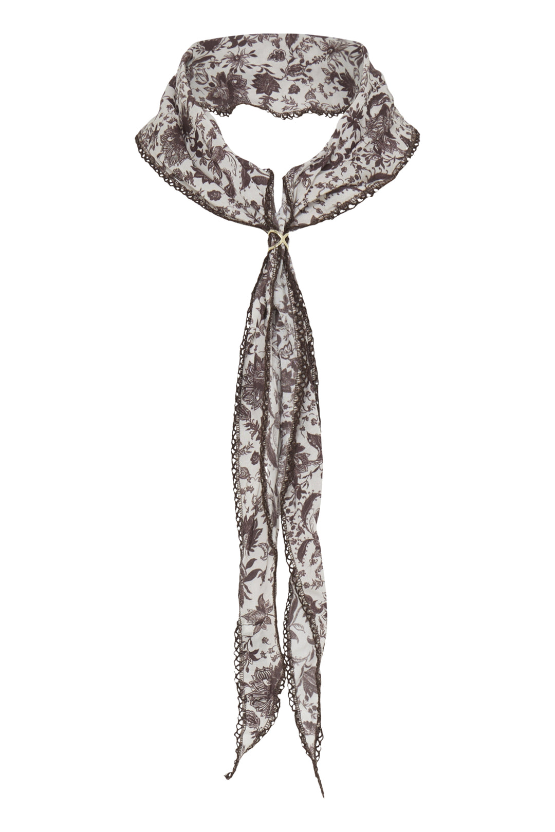 A lightweight scarf with a brown and gray floral toile pattern, featuring a small gold ring clasp at the knot and delicate chain trim along the edges, shown on a plain white background.