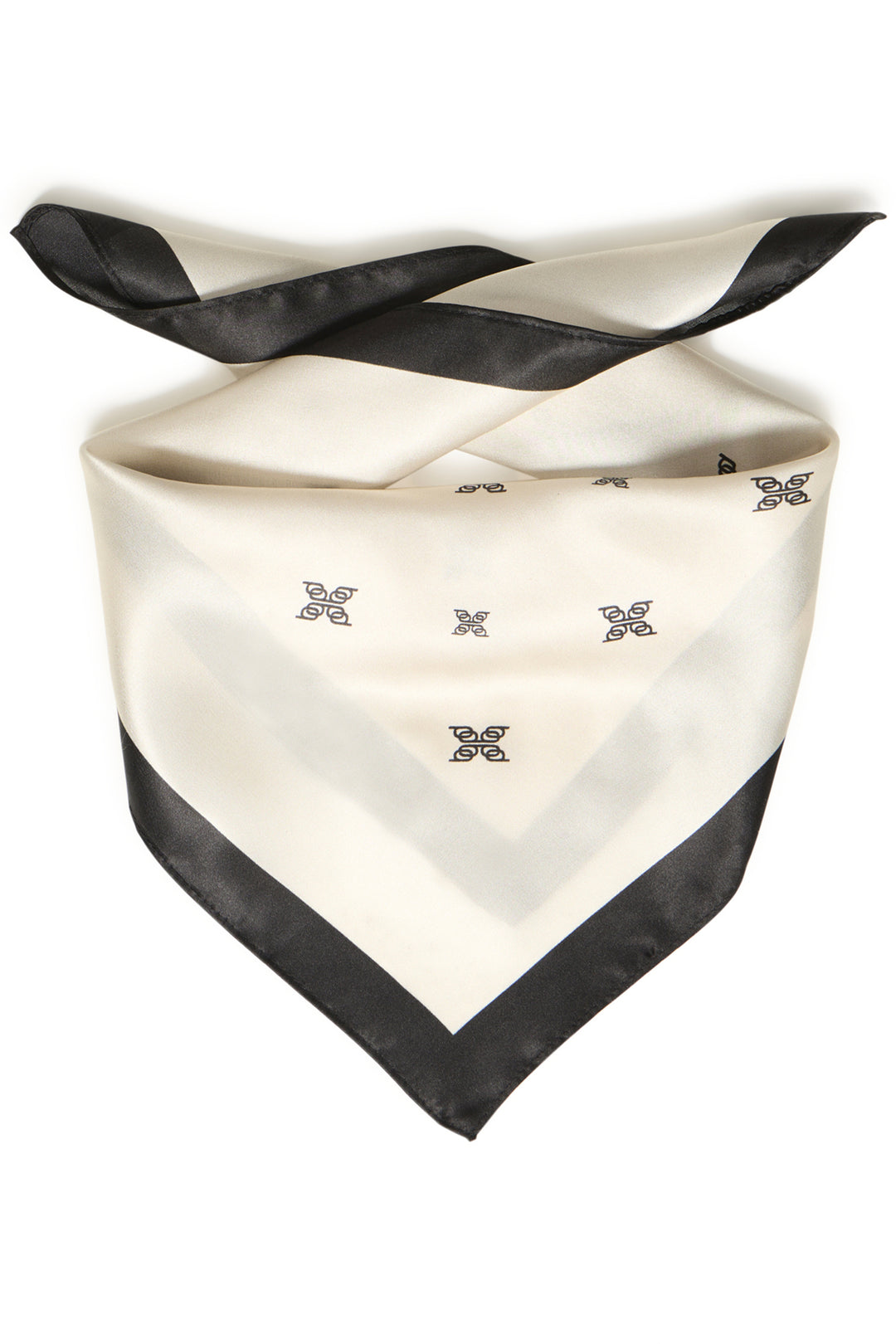 White scarf with black border and butterfly patterns on a white background