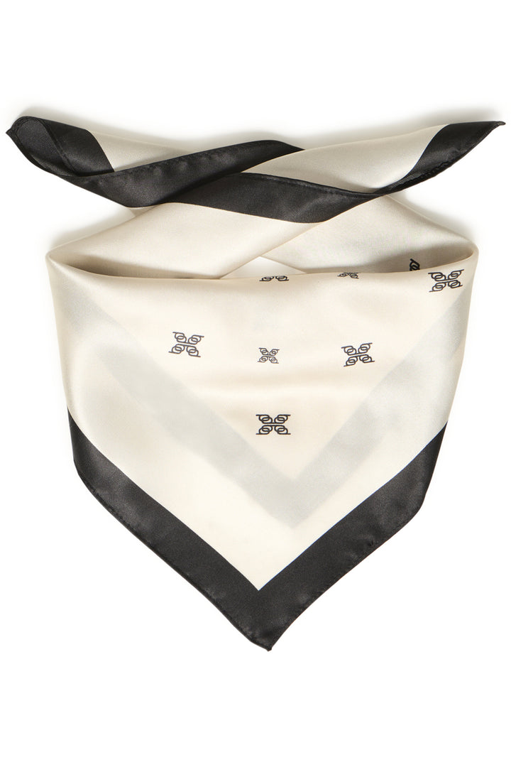 White scarf with black border and butterfly patterns on a white background