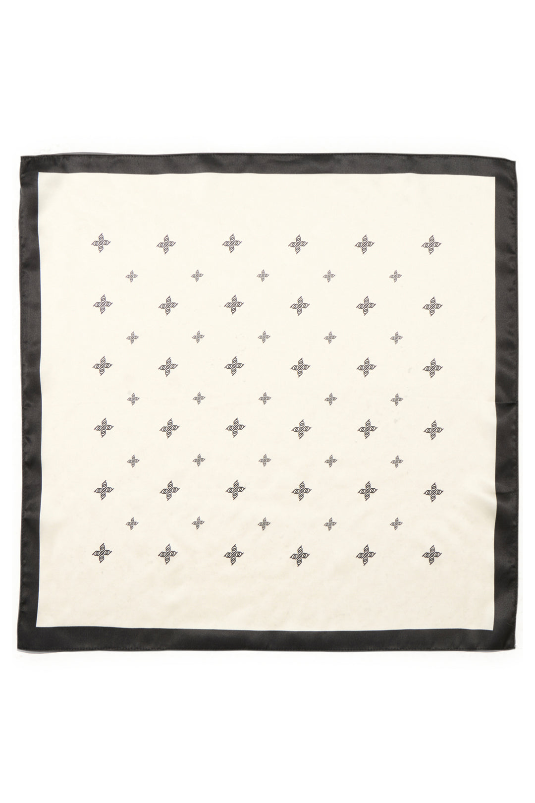 A square scarf with a cream-colored center, a black border, and a grid pattern of small gray crosses and stars.