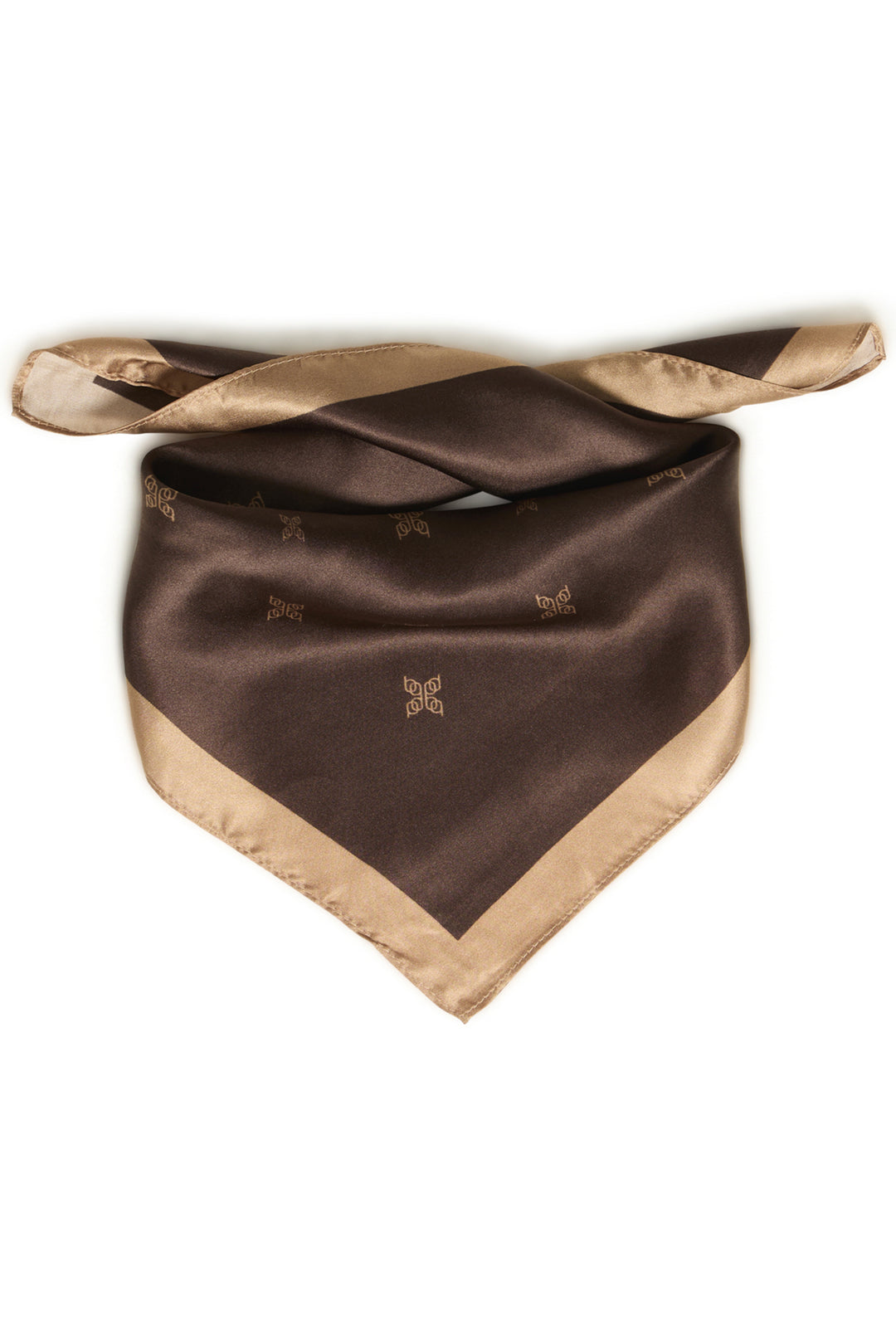 A brown silk scarf with a beige border and small embroidered monogram motifs, tied in a triangular shape against a white background.