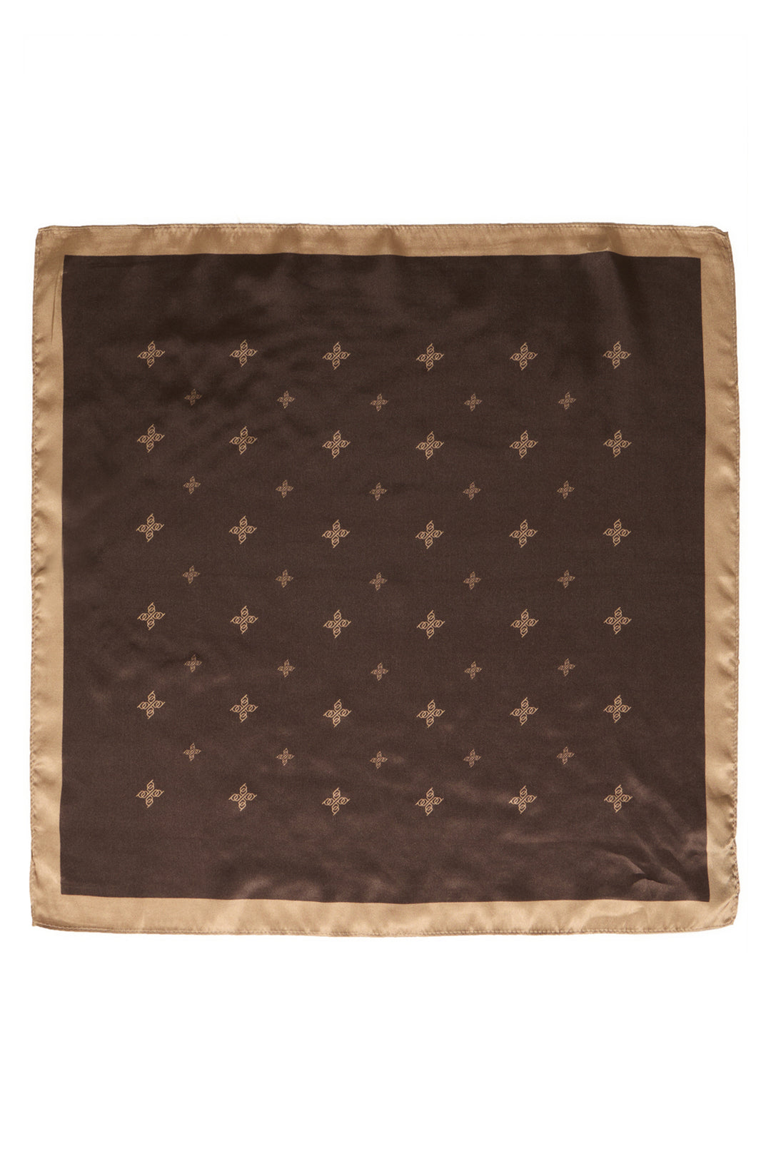 A square brown silk pocket square with a beige border and a grid of small beige cross motifs, displayed flat against a white background.