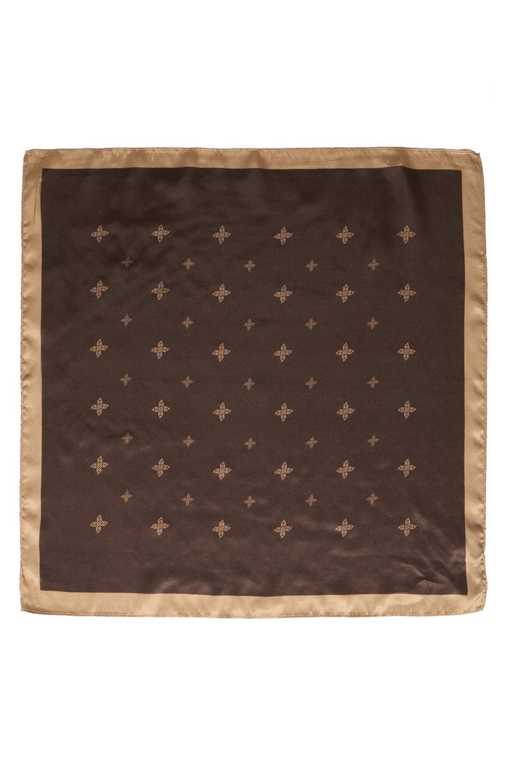 A square brown silk pocket square with a beige border and a grid of small beige cross motifs, displayed flat against a white background.