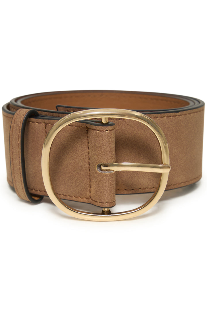 Brown belt with a gold buckle on a white background