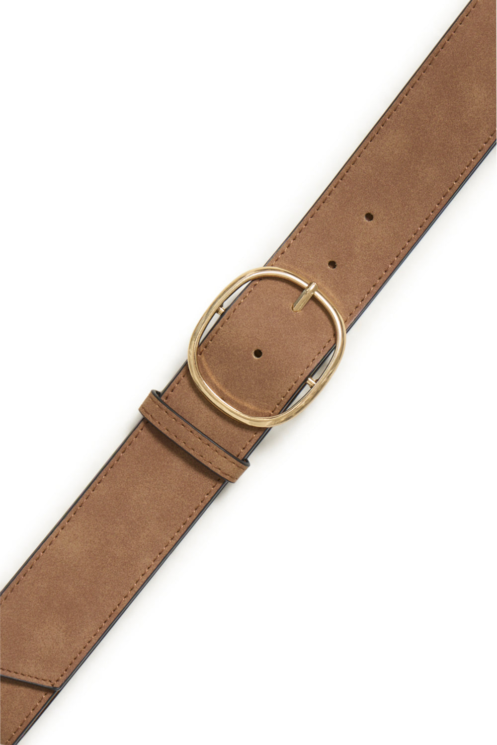 A brown suede belt with a gold-tone oval buckle, shown diagonally on a plain white background.