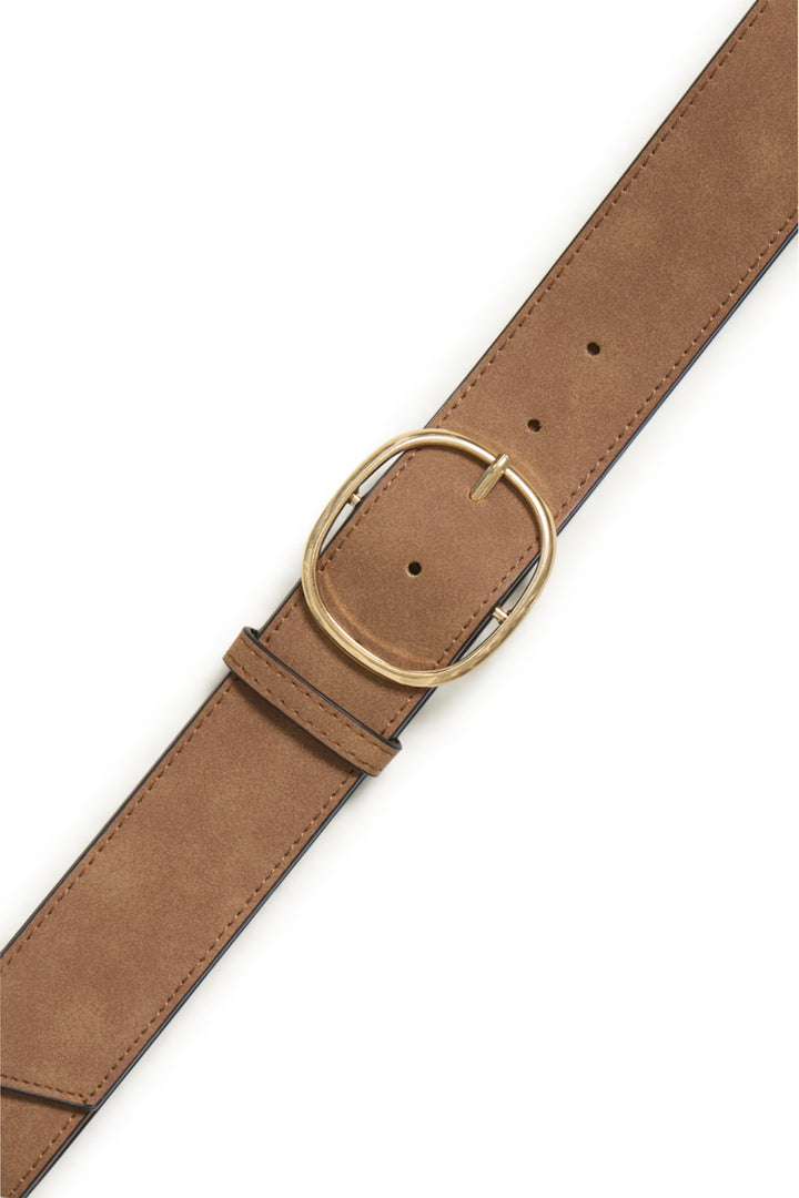 A brown suede belt with a gold-tone oval buckle, shown diagonally on a plain white background.