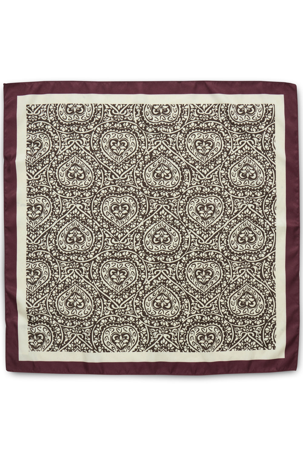 A square silk-like pocket square with a dark brown ornate paisley pattern on an ivory background, finished with a solid dark brown border.