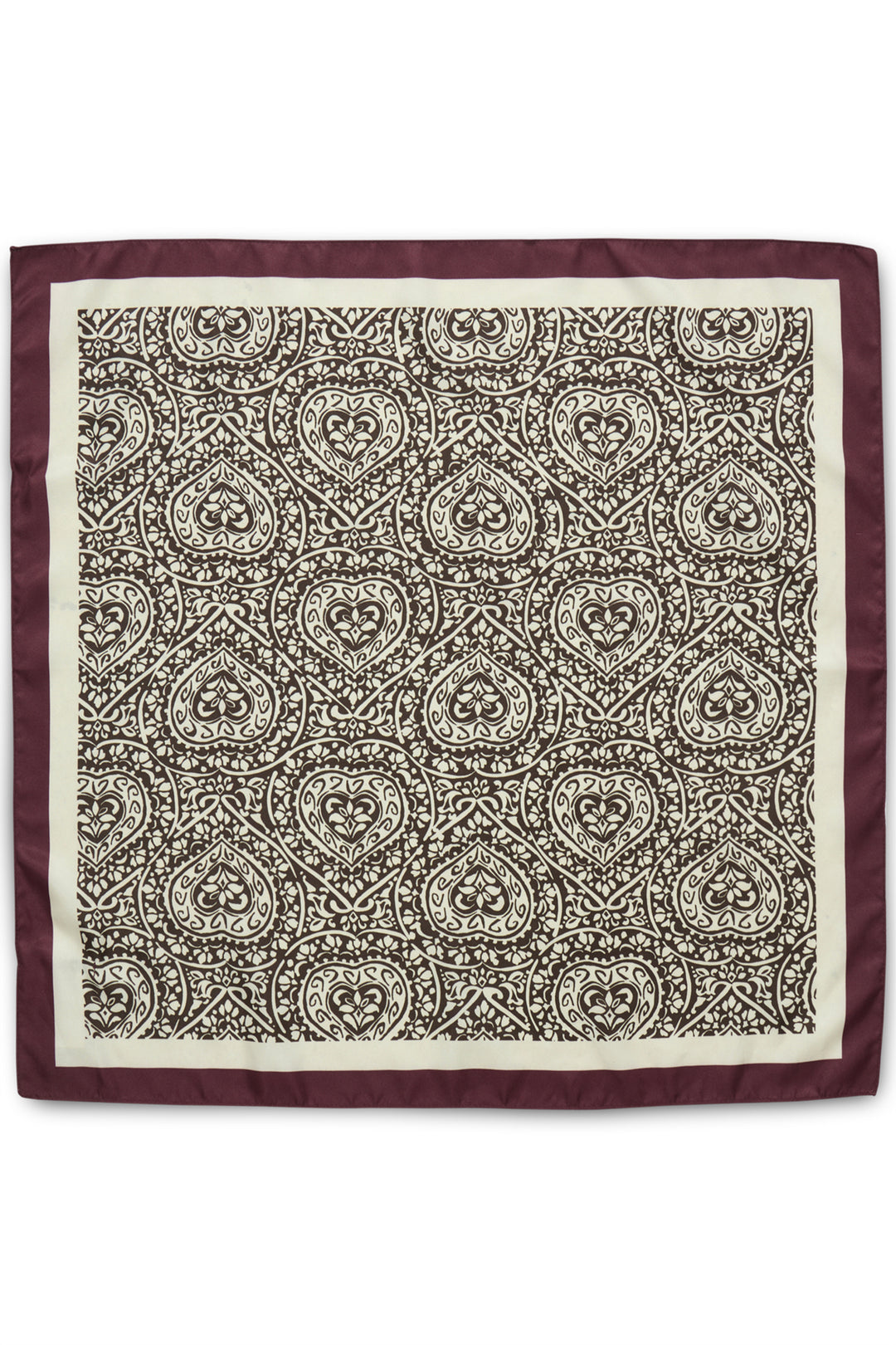 A square silk-like pocket square with a dark brown ornate paisley pattern on an ivory background, finished with a solid dark brown border.